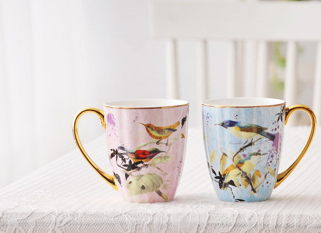 Elegant Ceramic Coffee Cups, Unique Bird Flower Tea Cups and