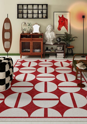 Modern Rug Placement Ideas for Bedroom, Contemporary Modern Rugs for Dining Room, Red Mid Century Geometric Rugs for Living Room-ArtWorkCrafts.com