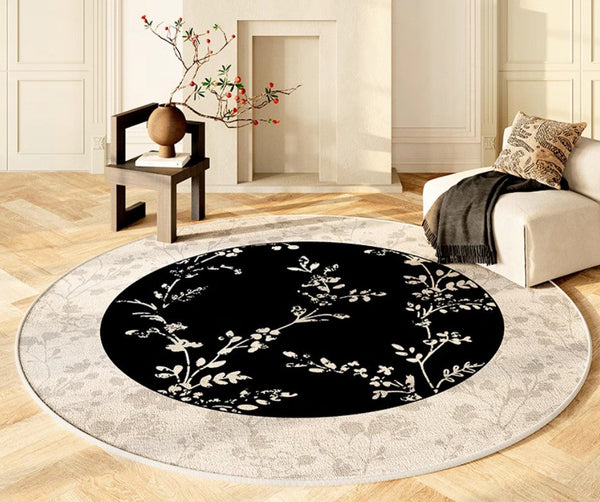 Contemporary Round Rugs for Dining Room, Flower Pattern Round Carpets under Coffee Table, Circular Modern Rugs for Living Room, Modern Area Rugs for Bedroom-ArtWorkCrafts.com