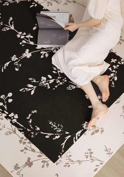 Contemporary Floor Carpets for Living Room, Large Modern Rugs for Sale, Dining Room Modern Rugs, Black Flower Pattern Geometric Modern Rugs in Bedroom-ArtWorkCrafts.com