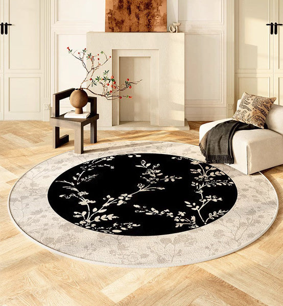 Contemporary Round Rugs for Dining Room, Flower Pattern Round Carpets under Coffee Table, Circular Modern Rugs for Living Room, Modern Area Rugs for Bedroom-ArtWorkCrafts.com