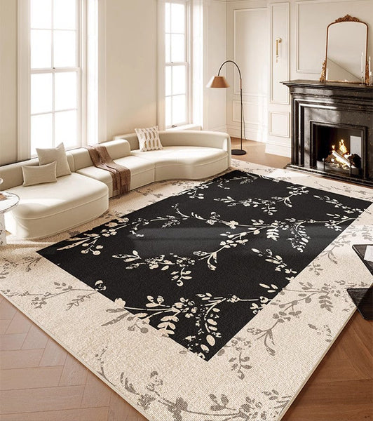 Contemporary Floor Carpets for Living Room, Large Modern Rugs for Sale, Dining Room Modern Rugs, Black Flower Pattern Geometric Modern Rugs in Bedroom-ArtWorkCrafts.com