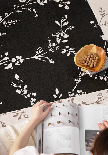 Contemporary Floor Carpets for Living Room, Large Modern Rugs for Sale, Dining Room Modern Rugs, Black Flower Pattern Geometric Modern Rugs in Bedroom-ArtWorkCrafts.com