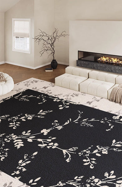 Contemporary Floor Carpets for Living Room, Large Modern Rugs for Sale, Dining Room Modern Rugs, Black Flower Pattern Geometric Modern Rugs in Bedroom-ArtWorkCrafts.com