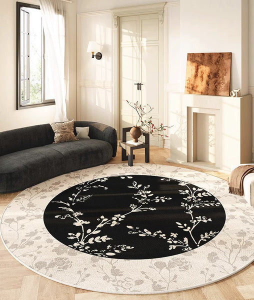 Contemporary Round Rugs for Dining Room, Flower Pattern Round Carpets under Coffee Table, Circular Modern Rugs for Living Room, Modern Area Rugs for Bedroom-ArtWorkCrafts.com