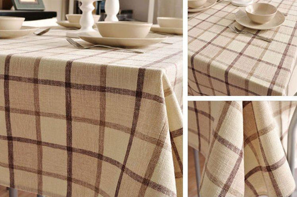 Rustic Wedding Tablecloth, Checked Tablecloth for Home Decoration, Table Cover, Beige Color Checkerboard Linen Tablecloth-ArtWorkCrafts.com