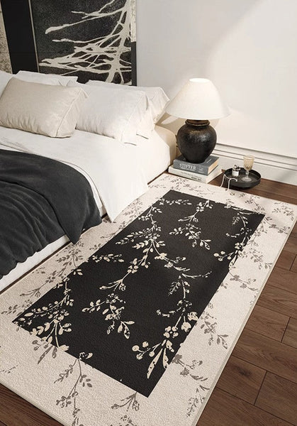 Contemporary Floor Carpets for Living Room, Large Modern Rugs for Sale, Dining Room Modern Rugs, Black Flower Pattern Geometric Modern Rugs in Bedroom-ArtWorkCrafts.com