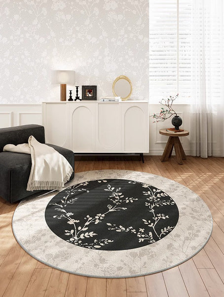 Contemporary Round Rugs for Dining Room, Flower Pattern Round Carpets under Coffee Table, Circular Modern Rugs for Living Room, Modern Area Rugs for Bedroom-ArtWorkCrafts.com