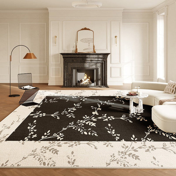 Contemporary Floor Carpets for Living Room, Large Modern Rugs for Sale, Dining Room Modern Rugs, Black Flower Pattern Geometric Modern Rugs in Bedroom-ArtWorkCrafts.com