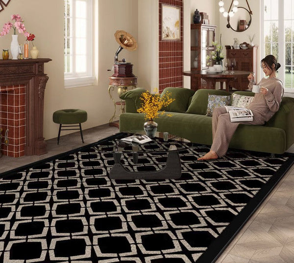 Abstract Contemporary Rugs for Bedroom, Modern Area Rugs under Sofa, Modern Black Rugs for Living Room, Dining Room Floor Rugs, Modern Carpets for Office-ArtWorkCrafts.com