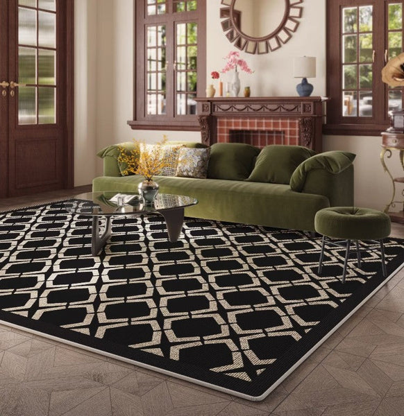 Abstract Contemporary Rugs for Bedroom, Modern Area Rugs under Sofa, Modern Black Rugs for Living Room, Dining Room Floor Rugs, Modern Carpets for Office-ArtWorkCrafts.com