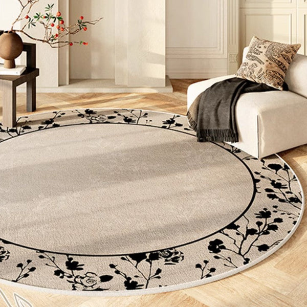 Flower Pattern Round Carpets under Coffee Table, Contemporary Round Rugs for Dining Room, Circular Modern Rugs for Living Room, Modern Area Rugs for Bedroom-ArtWorkCrafts.com