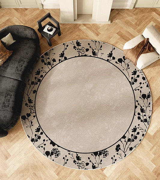 Flower Pattern Round Carpets under Coffee Table, Contemporary Round Rugs for Dining Room, Circular Modern Rugs for Living Room, Modern Area Rugs for Bedroom-ArtWorkCrafts.com