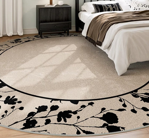 Flower Pattern Round Carpets under Coffee Table, Contemporary Round Rugs for Dining Room, Circular Modern Rugs for Living Room, Modern Area Rugs for Bedroom-ArtWorkCrafts.com