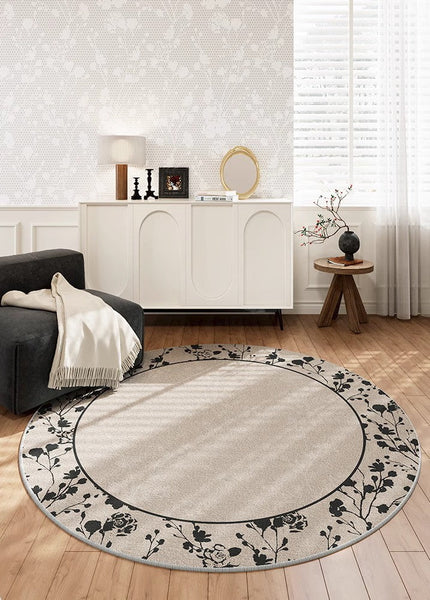 Flower Pattern Round Carpets under Coffee Table, Contemporary Round Rugs for Dining Room, Circular Modern Rugs for Living Room, Modern Area Rugs for Bedroom-ArtWorkCrafts.com