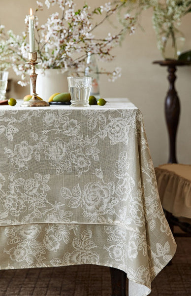 French Flower Pattern Tablecloth for Round Table, Vintage Rectangle Tablecloth for Dining Room Table, Rustic Farmhouse Table Cover for Kitchen-ArtWorkCrafts.com