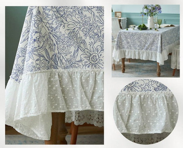 Cotton Rectangle Tablecloth for Dining Room Table, Natural Spring Farmhouse Table Cloth, Blue Flower Pattern Cotton Tablecloth, Square Tablecloth for Round Table-ArtWorkCrafts.com