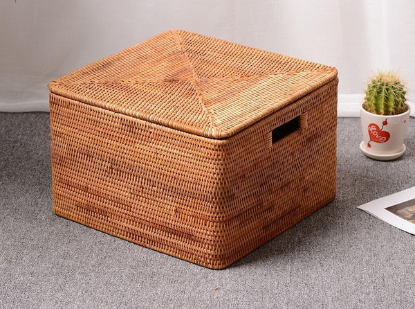 Large Storage Baskets for Clothes, Laundry Woven Baskets, Rattan Storage Baskets for Shelves, Kitchen Storage Baskets, Rectangular Storage Basket with Lid-ArtWorkCrafts.com