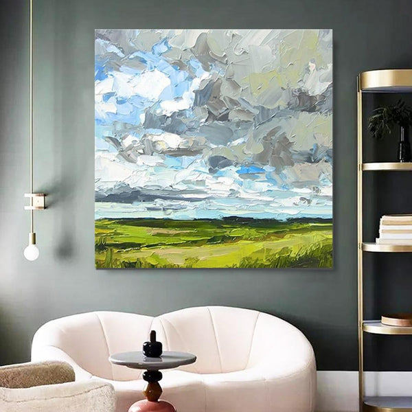 Large Acrylic Paintings for Bedroom, Heavy Texture Canvas Art, Abstract Landscape Painting, Grass Land under Sky Painting, Landscape Paintings for Living Room-ArtWorkCrafts.com