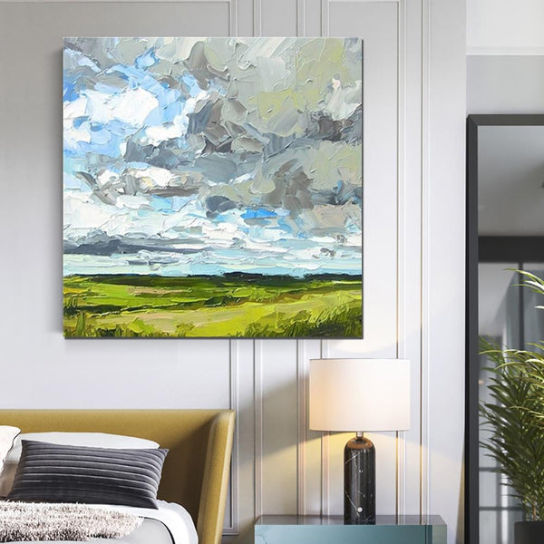 Large Acrylic Paintings for Bedroom, Heavy Texture Canvas Art, Abstract Landscape Painting, Grass Land under Sky Painting, Landscape Paintings for Living Room-ArtWorkCrafts.com