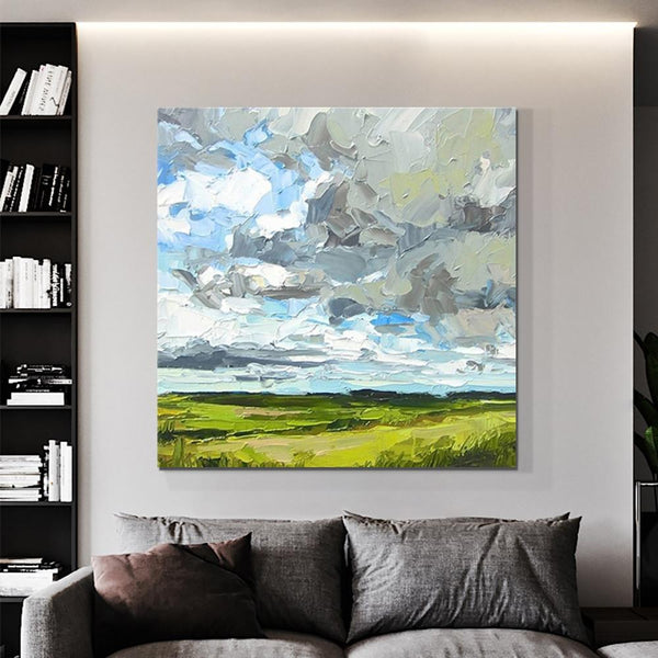 Large Acrylic Paintings for Bedroom, Heavy Texture Canvas Art, Abstract Landscape Painting, Grass Land under Sky Painting, Landscape Paintings for Living Room-ArtWorkCrafts.com