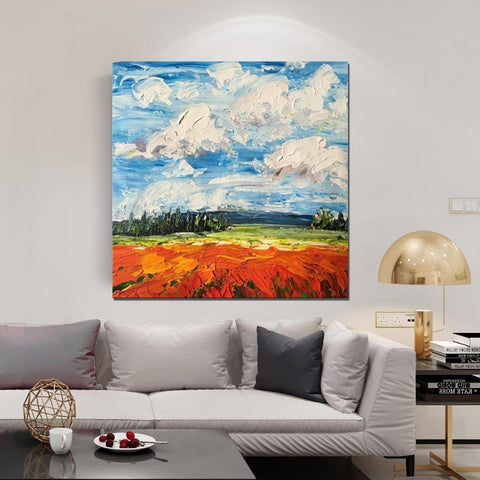 Abstract Landscape Painting, Landscape Paintings for Living Room, Red Poppy Field and Sky, Large Landscape Painting for Dining Room, Heavy Texture Painting-ArtWorkCrafts.com