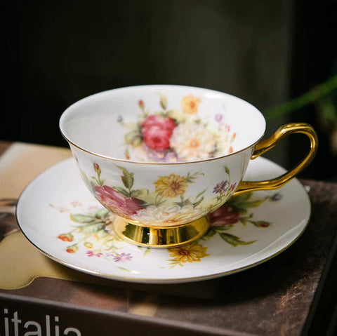 Elegant Rose Flower Ceramic Cups, Unique Royal Coffee Cup and Saucer, Creative Bone China Porcelain Tea Cup Set, Beautiful British Tea Cups-ArtWorkCrafts.com