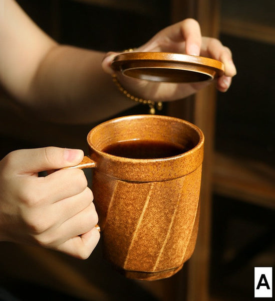 Large Modern Handmade Pottery Coffee Cup, Creative Brown Green Blue Black Ceramic Coffee Mugs, Large Unique Tea Cup, Large Capacity Coffee Mug with Cover-ArtWorkCrafts.com