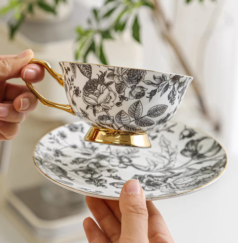 Elegant Flower Ceramic Cups, Unique Royal Coffee Cup and Saucer, Creative Bone China Porcelain Tea Cup Set, Beautiful British Tea Cups-ArtWorkCrafts.com