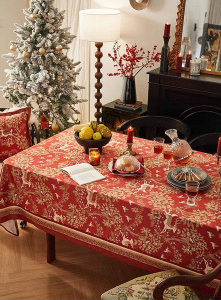 Forest Deer Red Table Covers, Square Tablecloth for Kitchen, Long Modern Rectangular Tablecloth for Dining Room Table, Extra Large Tablecloth for Round Table-ArtWorkCrafts.com