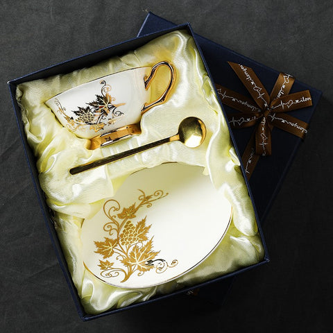 Golden Leaves and Grapes Bone China Porcelain Tea Cup Set, Unique British Tea Cup and Saucer in Gift Box, Elegant British Ceramic Coffee Cups-ArtWorkCrafts.com