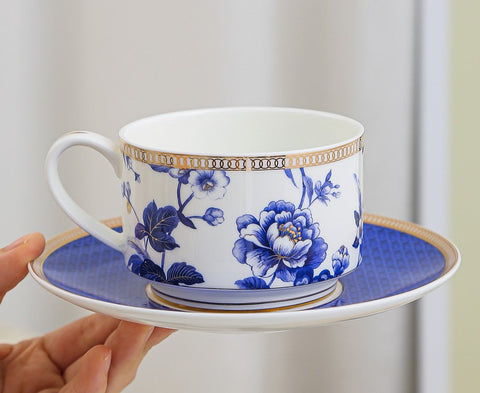 Elegant Blue Flower Ceramic Cups, Creative Bone China Porcelain Tea Cup Set, Unique Royal Coffee Cup and Saucer, Beautiful Flower British Tea Cups-ArtWorkCrafts.com