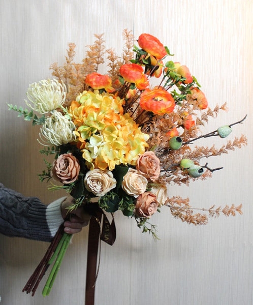 Modern Artificial Floral Arrangement for Bedroom, Large Bunch of Autumn Flowers Arrangement Interior Design, Creative Faux Silk Floral Bouquet Table Centerpiece-ArtWorkCrafts.com