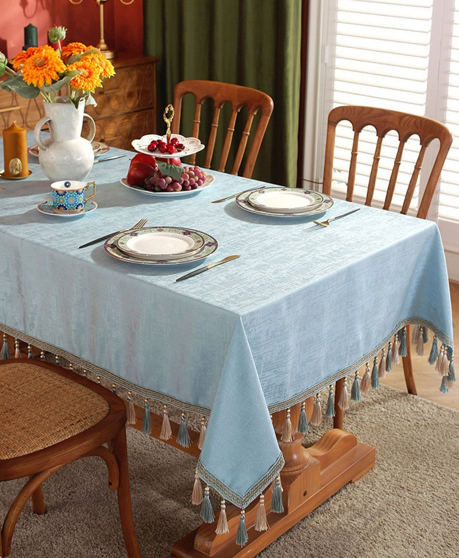 Light Blue Fringes Tablecloth for Home Decoration, Square Tablecloth for Round Table, Modern Rectangle Tablecloth, Large Simple Table Cloth for Dining Room Table-ArtWorkCrafts.com