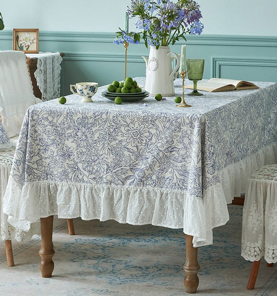 Cotton Rectangle Tablecloth for Dining Room Table, Natural Spring Farmhouse Table Cloth, Blue Flower Pattern Cotton Tablecloth, Square Tablecloth for Round Table-ArtWorkCrafts.com