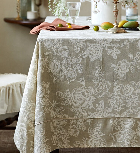 French Flower Pattern Tablecloth for Round Table, Vintage Rectangle Tablecloth for Dining Room Table, Rustic Farmhouse Table Cover for Kitchen-ArtWorkCrafts.com