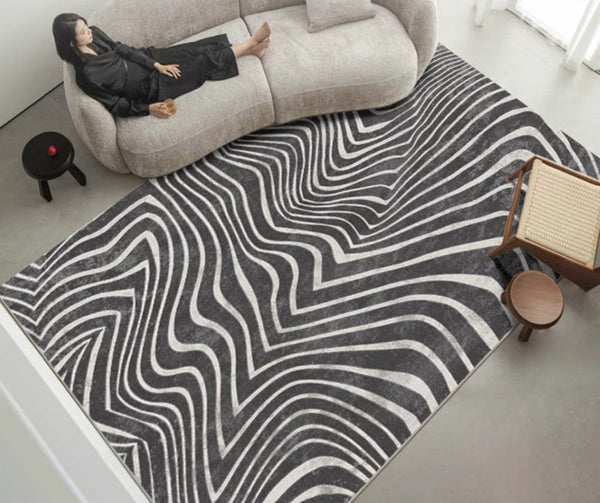 Abstract Contemporary Rugs for Bedroom, Black Stripe Area Rugs under Sofa, Mid Century Area Rugs for Living Room, Modern Carpets for Office, Dining Room Floor Rugs-ArtWorkCrafts.com