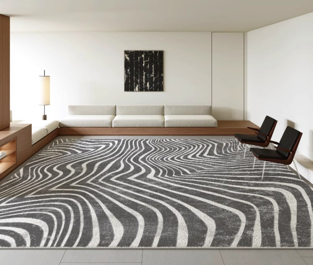 Abstract Contemporary Rugs for Bedroom, Black Stripe Area Rugs under Sofa, Mid Century Area Rugs for Living Room, Modern Carpets for Office, Dining Room Floor Rugs-ArtWorkCrafts.com