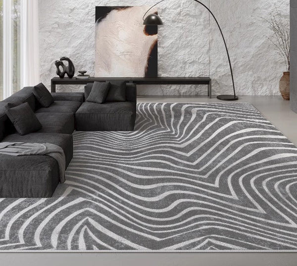 Abstract Contemporary Rugs for Bedroom, Black Stripe Area Rugs under Sofa, Mid Century Area Rugs for Living Room, Modern Carpets for Office, Dining Room Floor Rugs-ArtWorkCrafts.com