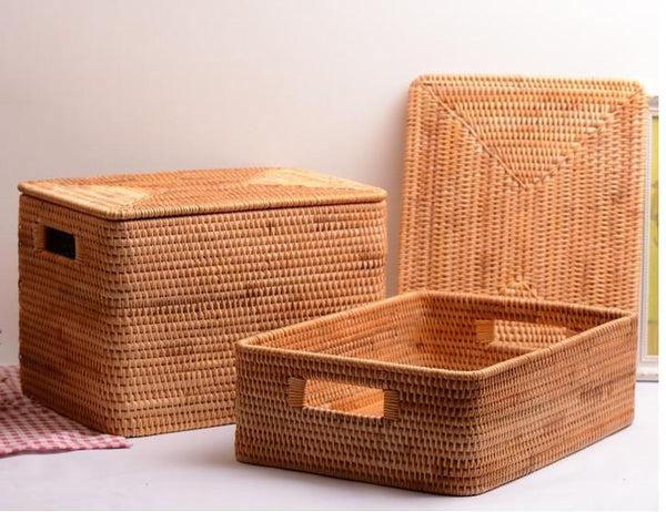 Large Storage Baskets for Clothes, Laundry Woven Baskets, Rattan Storage Baskets for Shelves, Kitchen Storage Baskets, Rectangular Storage Basket with Lid-ArtWorkCrafts.com