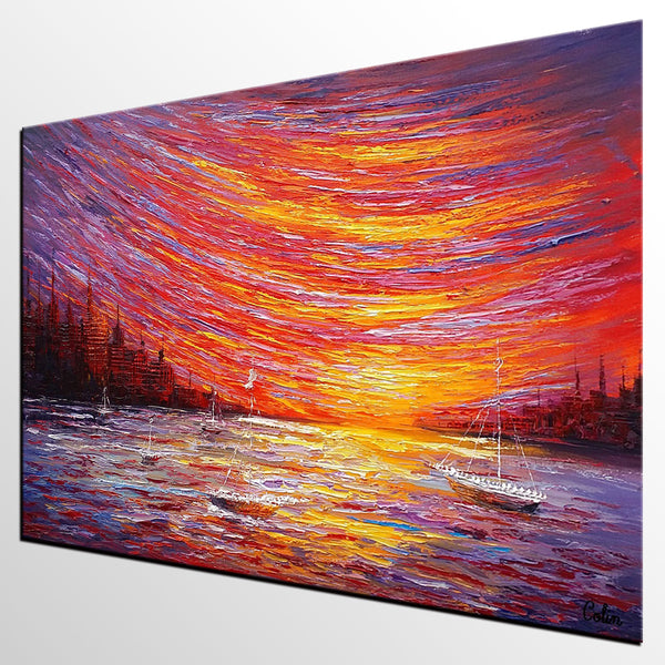 Landscape Painting, Large Art, Canvas Art, Wall Art, Custom Abstract Artwork, Canvas Painting, Modern Art, Oil Painting, Boat on the River 210-ArtWorkCrafts.com