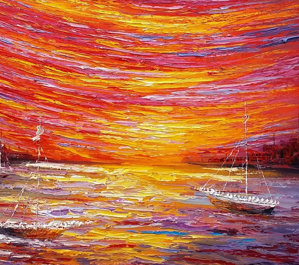 Landscape Painting, Large Art, Canvas Art, Wall Art, Custom Abstract Artwork, Canvas Painting, Modern Art, Oil Painting, Boat on the River 210-ArtWorkCrafts.com