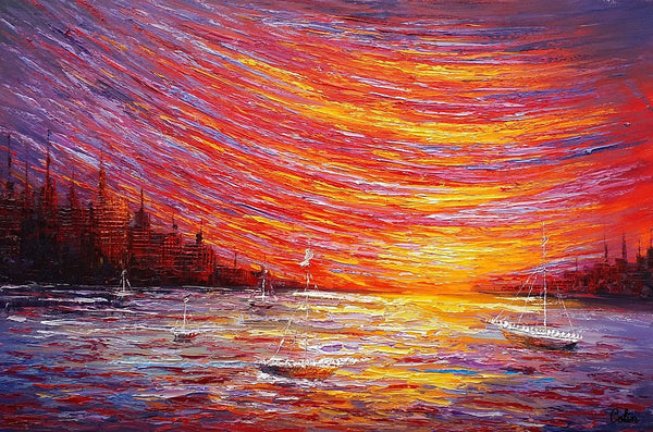 Landscape Painting, Large Art, Canvas Art, Wall Art, Custom Abstract Artwork, Canvas Painting, Modern Art, Oil Painting, Boat on the River 210-ArtWorkCrafts.com