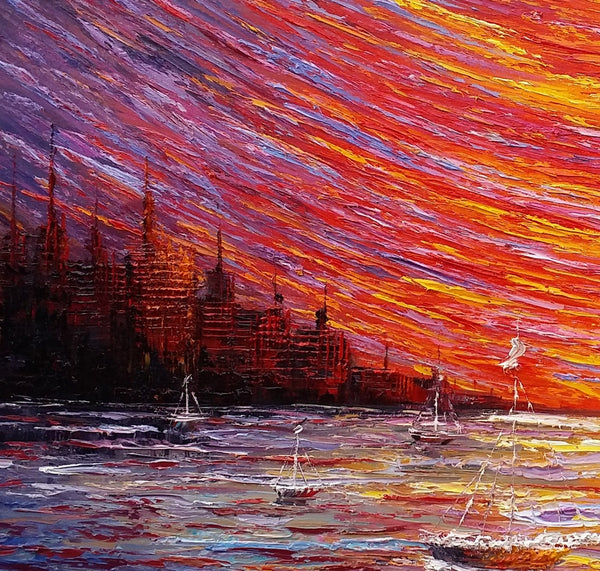 Landscape Painting, Large Art, Canvas Art, Wall Art, Custom Abstract Artwork, Canvas Painting, Modern Art, Oil Painting, Boat on the River 210-ArtWorkCrafts.com