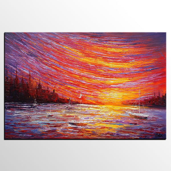 Landscape Painting, Large Art, Canvas Art, Wall Art, Custom Abstract Artwork, Canvas Painting, Modern Art, Oil Painting, Boat on the River 210-ArtWorkCrafts.com