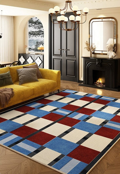 Geometric Modern Rugs for Dining Room, Mid Century Modern Living Room Rugs, Blue Contemporary Area Rugs for Bedroom, Dining Room Floor Carpets-ArtWorkCrafts.com