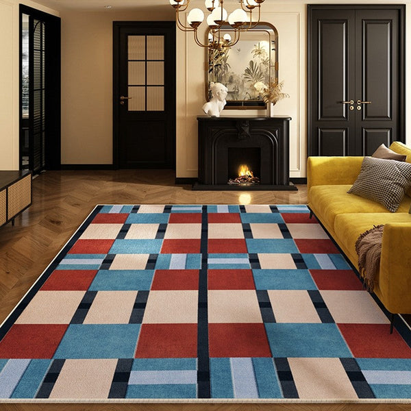 Geometric Modern Rugs for Dining Room, Mid Century Modern Living Room Rugs, Blue Contemporary Area Rugs for Bedroom, Dining Room Floor Carpets-ArtWorkCrafts.com