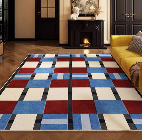 Geometric Modern Rugs for Dining Room, Mid Century Modern Living Room Rugs, Blue Contemporary Area Rugs for Bedroom, Dining Room Floor Carpets-ArtWorkCrafts.com