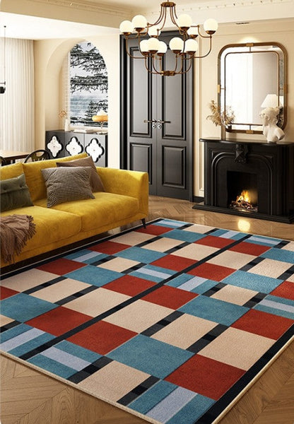 Large Geometric Floor Carpets, Blue Modern Area Rugs under Dining Room Table, Modern Living Room Area Rugs, Mid Century Modern Rugs-ArtWorkCrafts.com