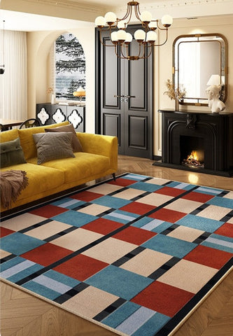 Large Geometric Floor Carpets, Blue Modern Area Rugs under Dining Room Table, Modern Living Room Area Rugs, Mid Century Modern Rugs-ArtWorkCrafts.com